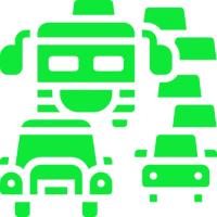 Green robot and cars on black background.
