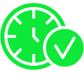 Green clock and check mark icon.