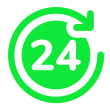 Green 24-hour icon with circular arrow.