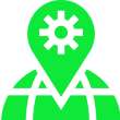 Green map pin with gear icon inside.