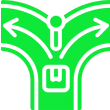 Green road sign with arrows and symbol.