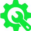 Green gear and wrench icon on black.
