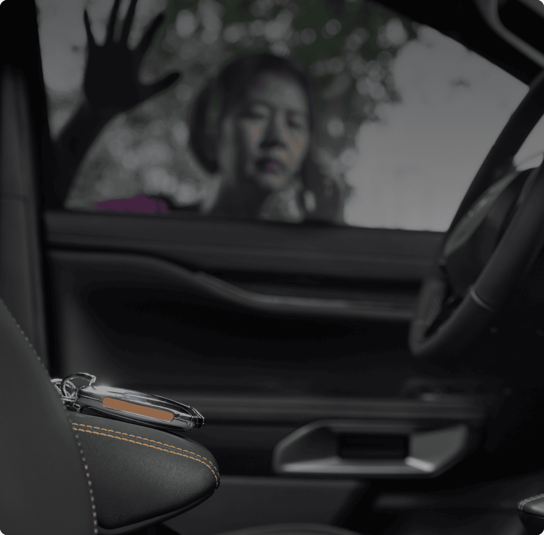Keys locked inside car, woman outside window.